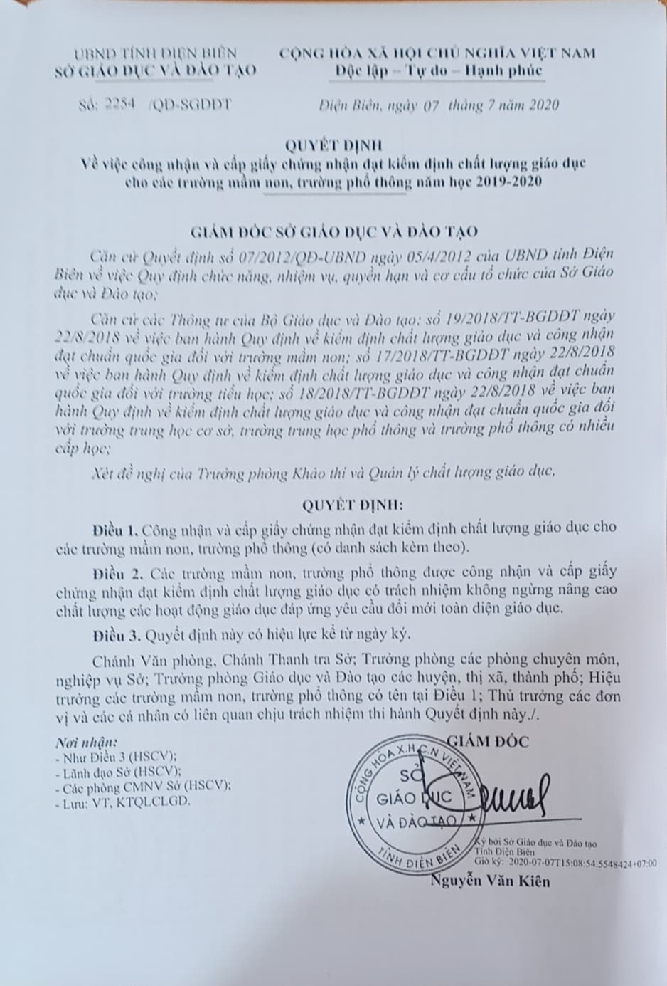 QUYẾ ĐỊNH CÔNG NHẬN VÀ CẤP GIẤY CHỨNG NHẬN ĐẠT KIỂM ĐỊNH CHẤT LƯỢNG GIÁO DỤC TRƯỜNG MẦM NON NOONG BUA
